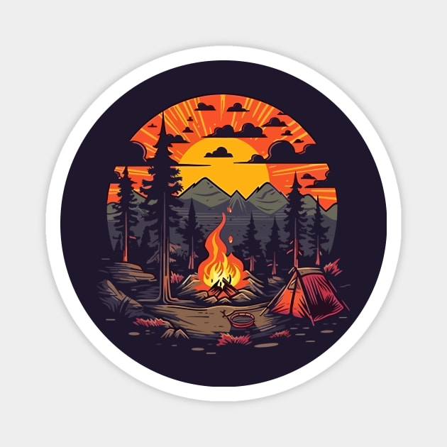 Beautiful Campsite Landscape || Campfire Vector Art Magnet by Mad Swell Designs